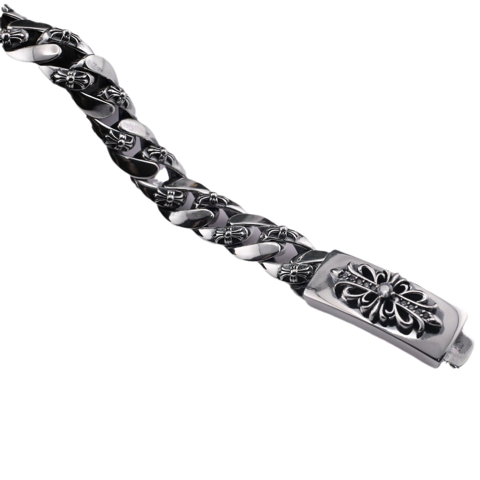 chrome hearts 925 Sterling silver Floral Cross Diamond ID Bracelet