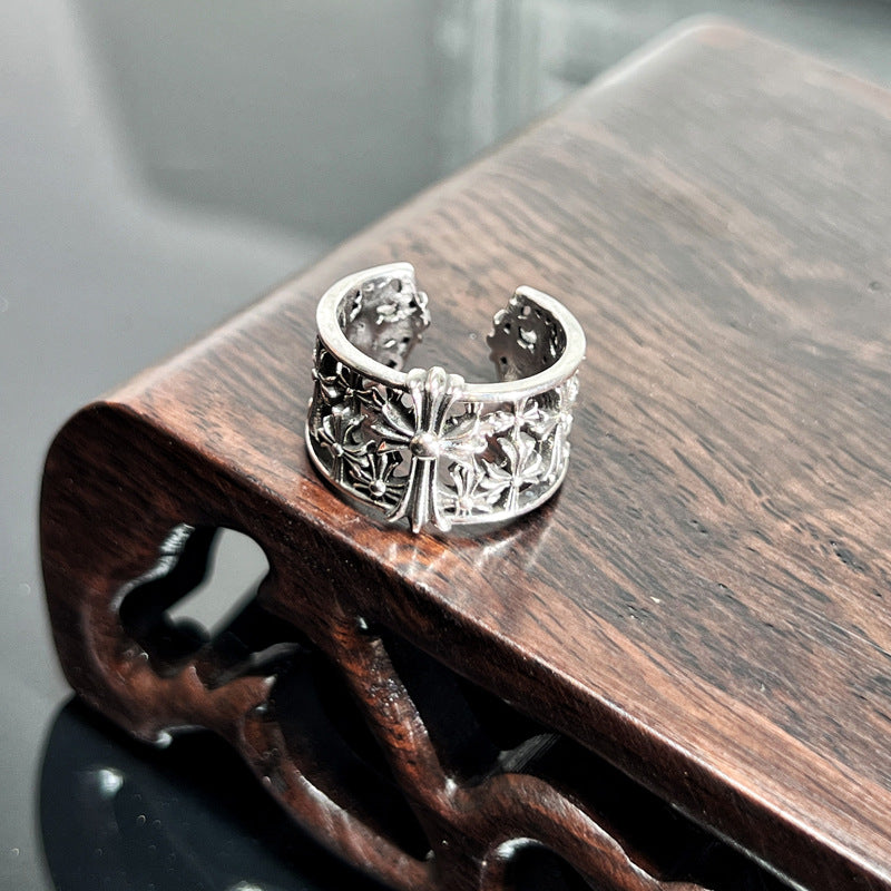 Chrome Hearts distressed iris cross open adjustable ring
